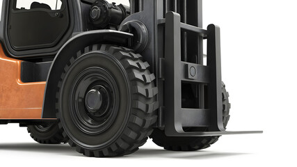 A detailed image of a heavy-duty forklift with thick tires and a metallic finish, isolated on a white background