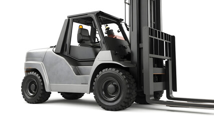 A detailed image of a heavy-duty forklift with thick tires and a metallic finish, isolated on a white background