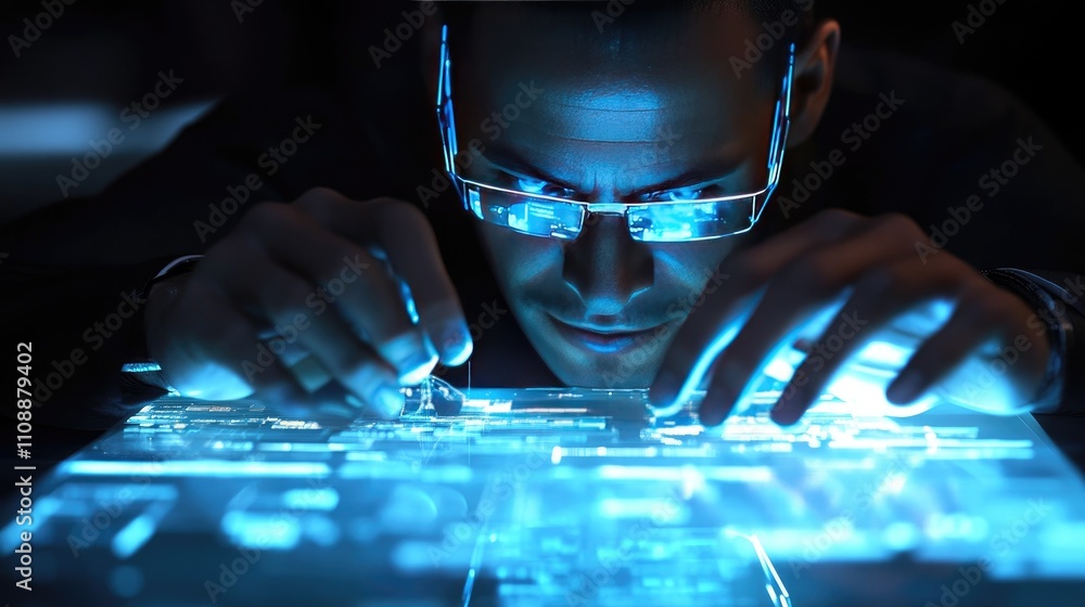 Poster focused professional analyzing digital interface with augmented vision
