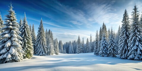 Obraz premium Snow-covered landscape with tall pine trees, winter, snowy, scenic, white, cold, snowy trees