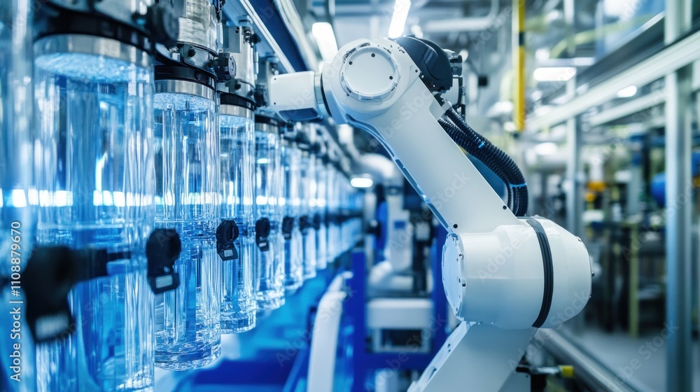 Poster robotic arm in a production line with bottles