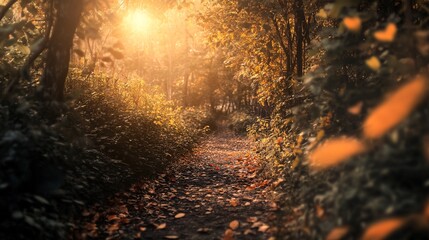 Golden sunlight illuminating forest path covered with fallen leaves