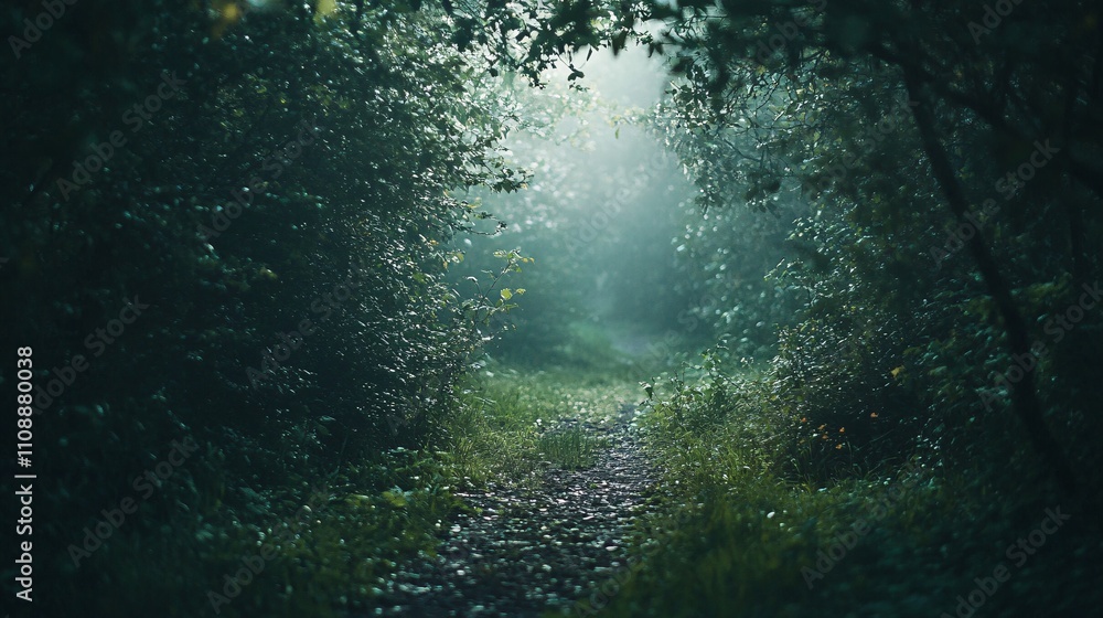 Poster Sunbeams illuminating mysterious path through misty forest after rain