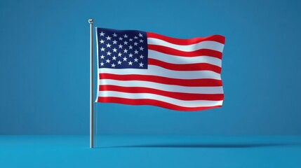Obraz premium American flag waving on a solid blue background, concept of patriotism and national pride