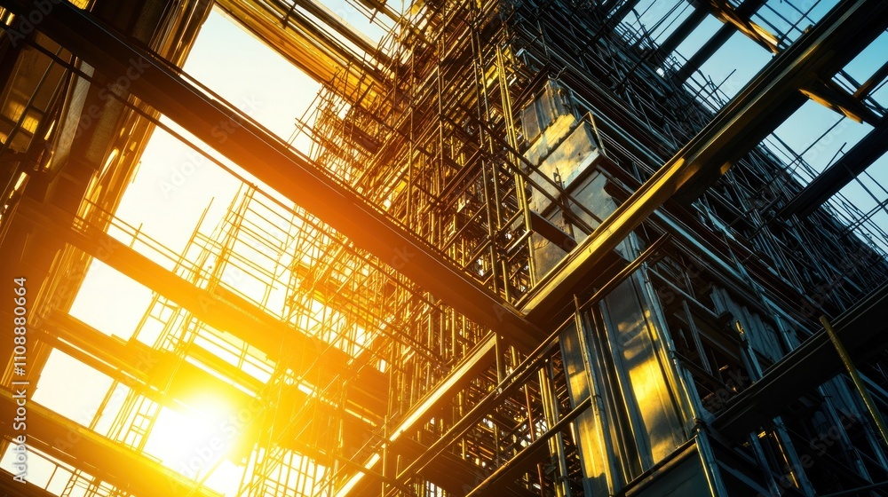 Poster golden hour construction beams scaffolding structure