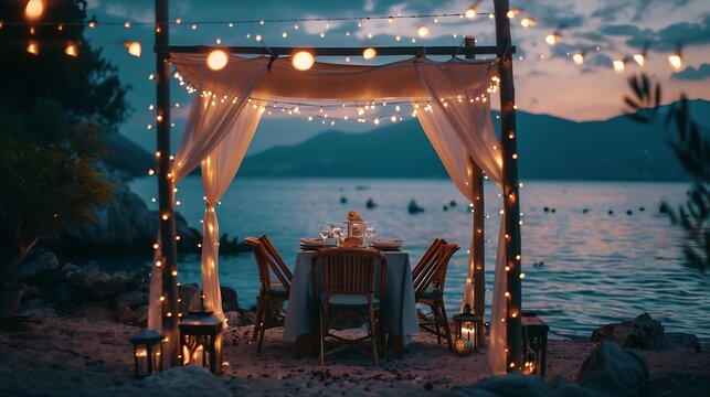 setup for romantic couple dinner next to sea with lights