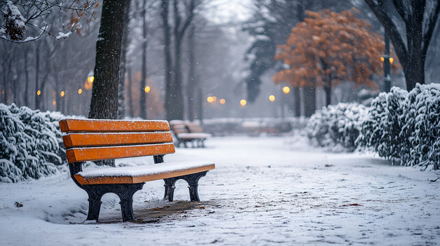 a wooden bench in the city park at winter Empty bench covered with snow