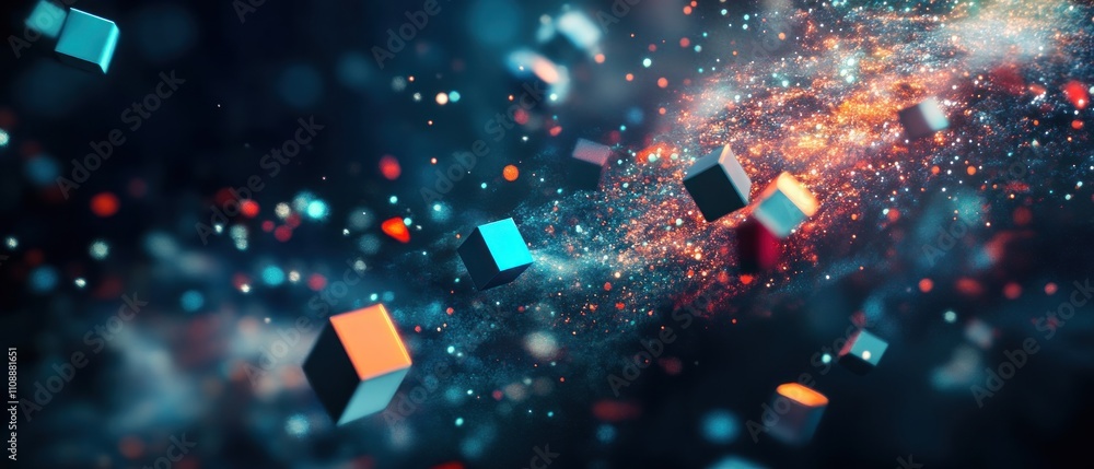 Poster abstract cosmic scene with floating cubes and particles
