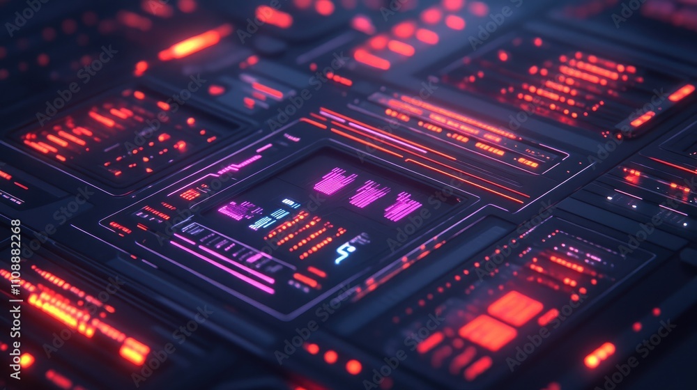 Poster futuristic digital interface with neon lights and abstract patterns