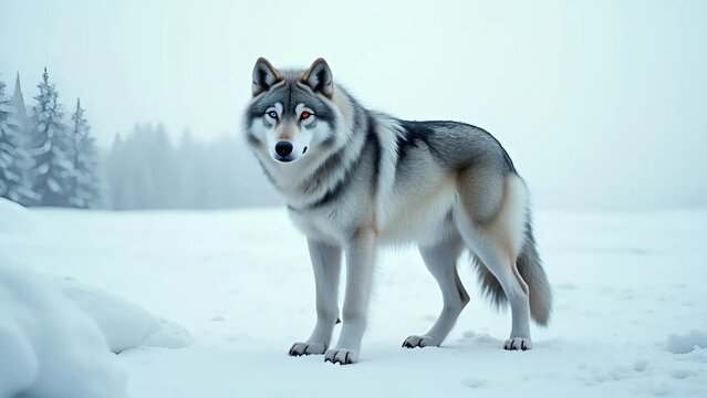 Seekor serigala dengan bulu abu-putih berdiri gagah di tengah hamparan salju. Bulunya yang tebal membuatnya terlihat siap menghadapi dinginnya musim dingin.