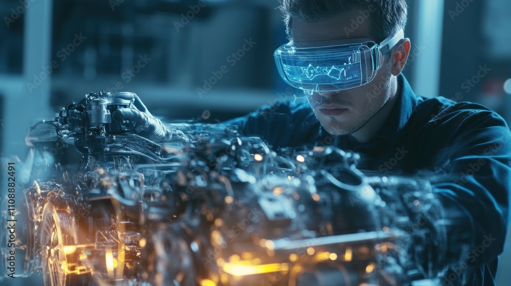 Poster engineer working on advanced machinery with goggles