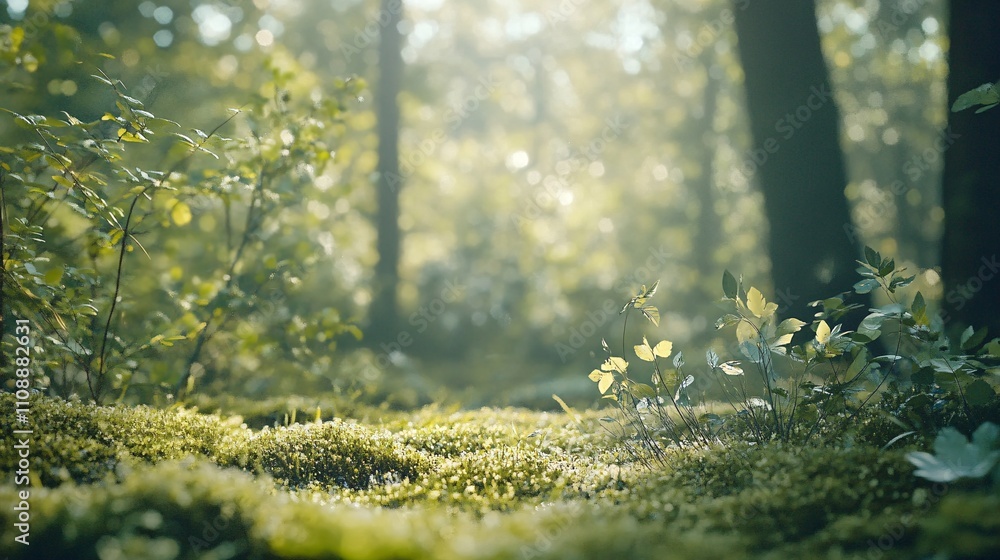 Poster Sunlight filtering through trees illuminating mossy forest floor