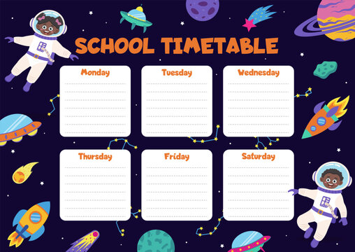 Space school timetable with space elements and children astronauts.