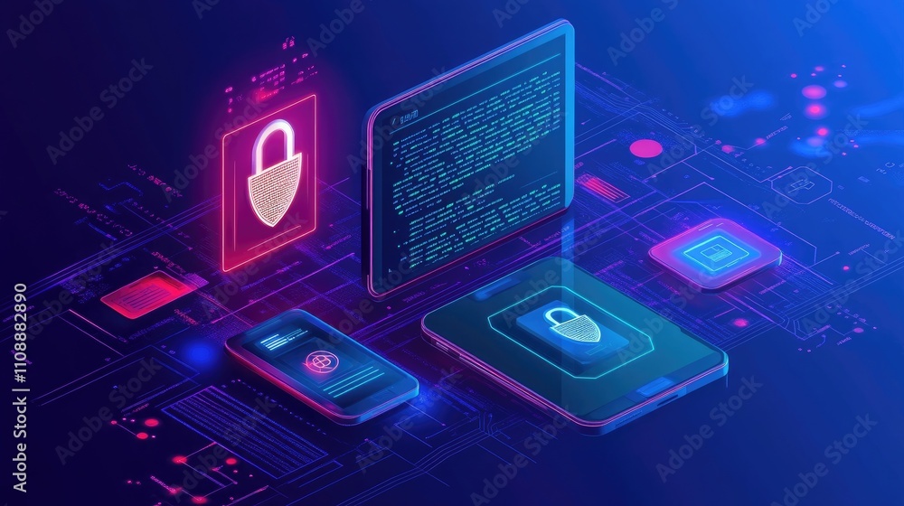 Aufkleber digital security concept with devices and data protection elements