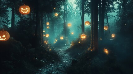 Fototapeta premium Dark forest with a hidden pathway lined with glowing pumpkins and floating ghostly shapes
