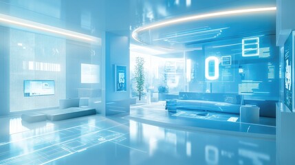 Fototapeta premium Futuristic Interior Design with Blue and White Digital Elements