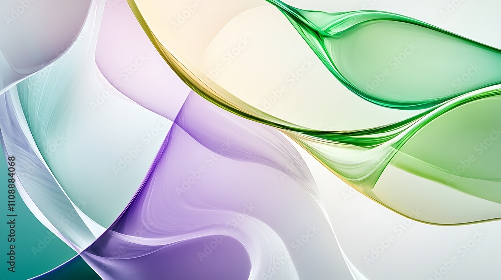 Poster a dynamic abstract design with green and white curved lines, a glass-like texture illuminated by lig