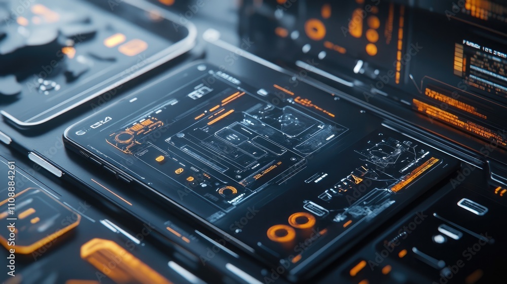 Poster futuristic smartphone interface with digital graphics and hud elements