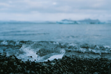 Close-up of piece of ice near glacier lake in Iceland. Jokulsarlon. Wild nature.