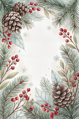 Fototapeta premium Christmas frame with pinecones, holly, and red berries