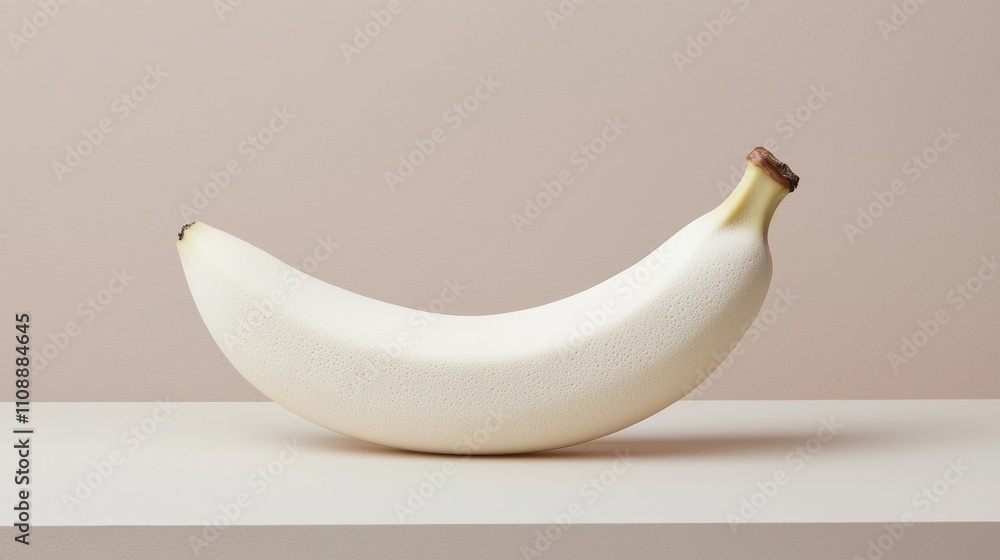 Poster a minimalist image of a single white banana resting on a neutral-colored surface against a soft back
