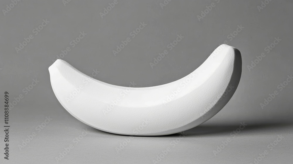 Poster a minimalist white object shaped like a banana, set against a gray background, emphasizing its smoot