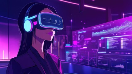 Young Woman Using Virtual Reality Headset in Futuristic Environment