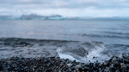 Close-up of piece of ice near glacier lake in Iceland. Jokulsarlon. Wild nature.