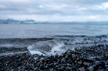 Close-up of piece of ice near glacier lake in Iceland. Jokulsarlon. Wild nature.
