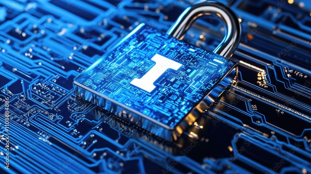 Poster digital lock on circuit board background representing cybersecurity