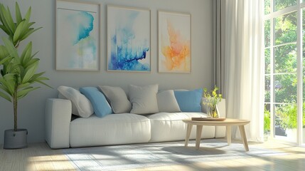 Naklejka premium A bright and airy living room featuring a comfy sofa, light curtains, and playful art on the walls