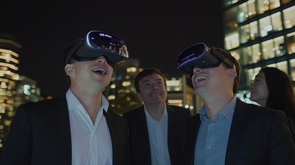 People Enjoying Virtual Reality Experience at Night in Cityscape