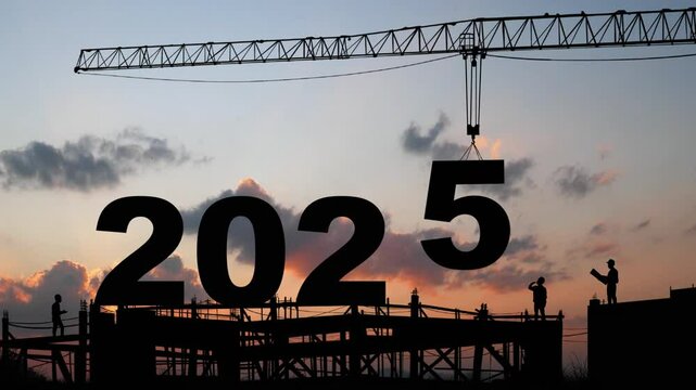 crane lifting number 5 come down to 2025 , prepare for welcome start of beginning new year 2025 with silhouette construction site and worker staff team cooperate together , sunrise sky at background