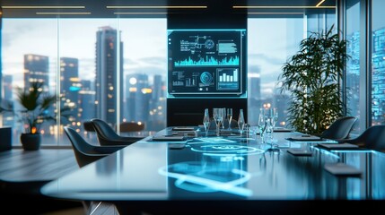 Modern Conference Room with High-Tech Display and City View