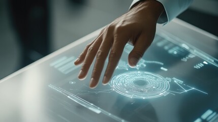 Futuristic Hand Interacting with Digital Interface on Transparent Surface