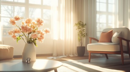 Fototapeta premium A bright and welcoming living room with soft sunlight pouring in, a vase of fresh flowers on the table, and a comfortable armchair