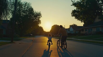 Father and Child Riding Bicycles on a Serene Sunset Street