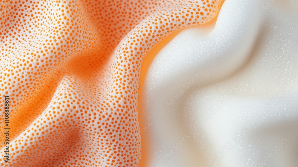 Poster a close-up view of textured fabric featuring soft waves of orange and white, showcasing delicate pat