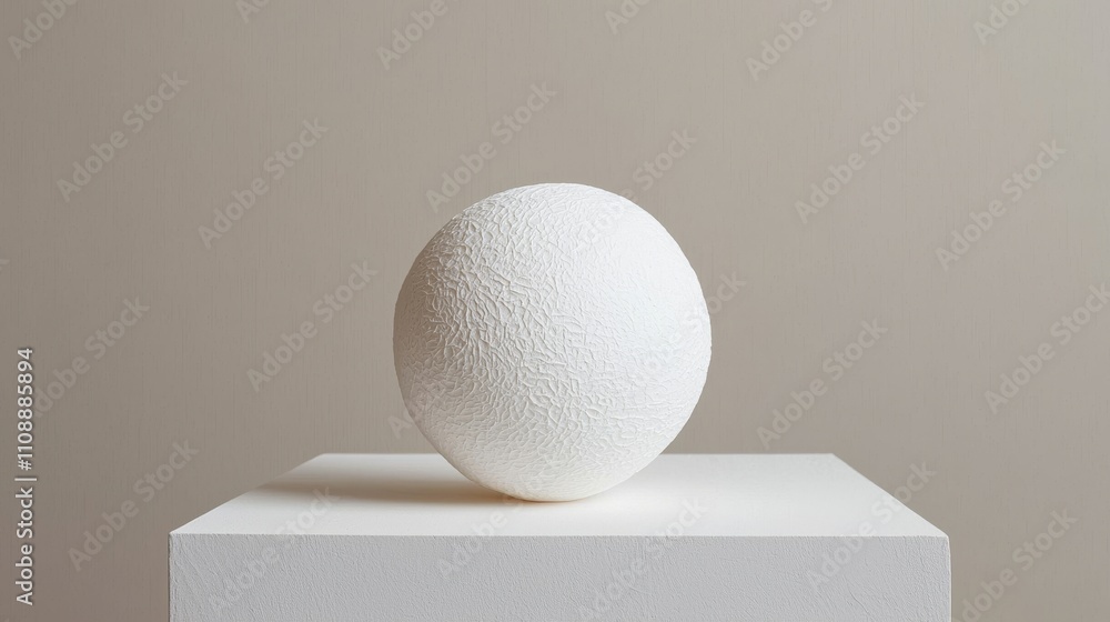Poster a minimalistic white sphere displayed on a pedestal against a neutral background, emphasizing simpli