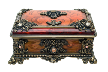 Intricately designed antique jewelry box crafted from rich wood with elegant metal embellishments and red finish