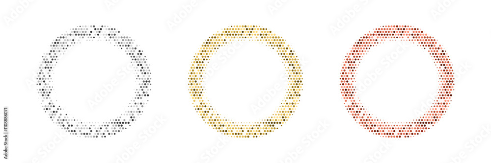 Poster abstract dotted round patterns. golden, silver and bronze frames with halftone effect. shining circl