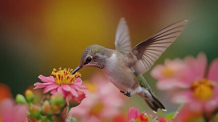 Fototapeta premium A hummingbird feeding on a vibrant flower amidst a colorful garden backdrop.