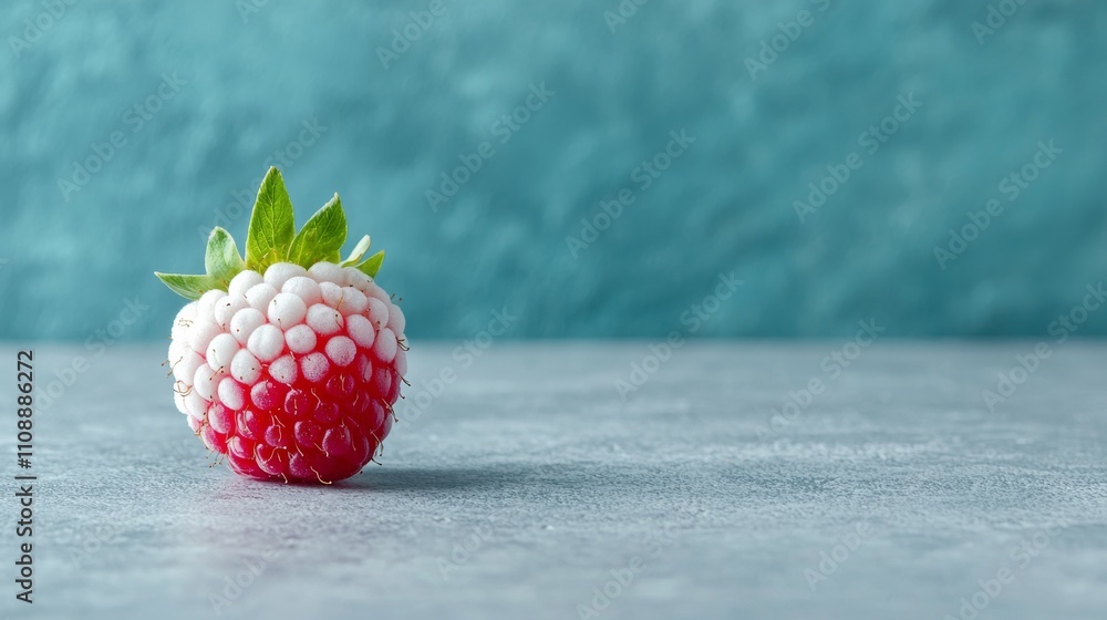 Poster a close-up of a unique raspberry with a textured surface, showcasing its vibrant colors against a so