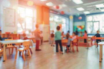 A room in a kindergarten with children and a blurred background