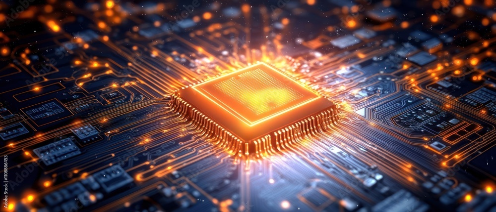 Poster close-up of a microchip with glowing circuits