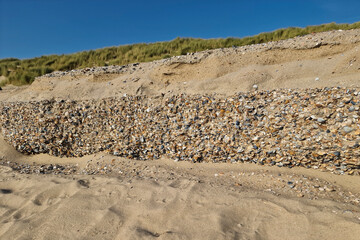 Steep wall of shells on sandy beach, Burgh-Haamstede, Zeeland, Netherlands
