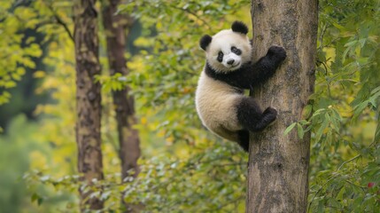Obraz premium A small panda explores its environment by climbing a tree in a vibrant forest. Sunlight filters through the foliage, highlighting the panda's playful nature.