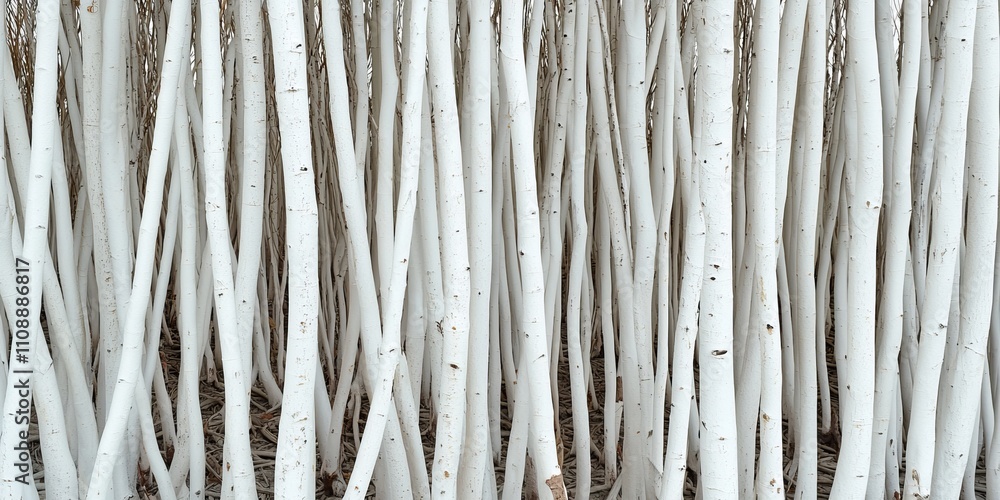 Poster a close-up of slender, white tree trunks standing closely together, creating a serene and minimalist