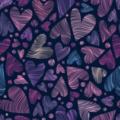 Fototapeta premium Seamless Vector Pattern with Pastel Hearts and Circles on Dark Blue Background