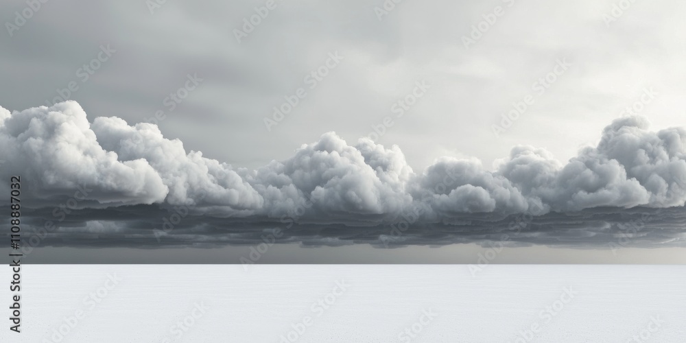 Poster a panoramic view of fluffy, gray clouds stretching across a soft horizon, creating a serene and mood